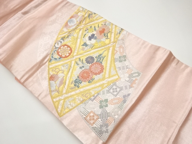 Nagoya obi woven with water chestnuts, flowers, and Genjiko pattern on ground pa